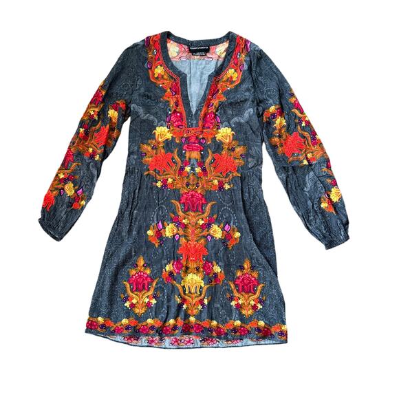 Hemant & Nandita Long Sleeve Split Neck Mini Dress Shawl Print - Picture 1 of 11